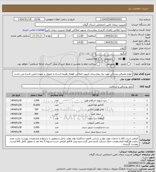 استعلام لوازم مصرفی پزشکی مورد نیاز بیمارستان شهید املاکی کومله .هزینه ارسال و تحویل بر عهده تامین کننده می باشد.