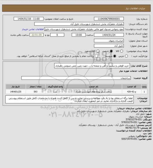 استعلام خرید قوطی و نبشی و آهن و صفحه و ... جهت زمین چمن صنوعی دهیاری