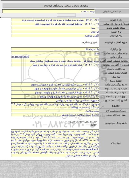 مناقصه, موضوع اجاره ۷ دستگاه خودرو سواری و یک دستگاه خودرو سوزوکی گرند ویتارا ۲.۴ تیپ ۸ با راننده در شهرهای