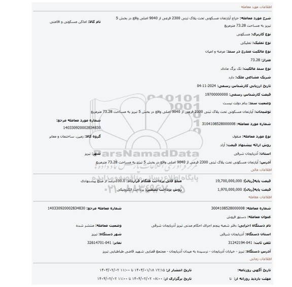 مزایده، آپارتمان مسکونی تحت پلاک ثبتی 2300 فرعی از 9040 اصلی واقع در بخش 5 تبریز به مساحت 73.28 مترمربع