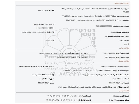 مزایده، پژو 206SD TU5-مدل:1395رنگ:مشکی متالیک شماره انتظامی :87-958ط77