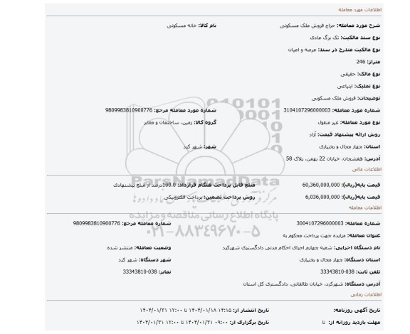 مزایده، فروش ملک مسکونی