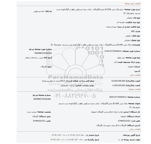 مزایده، پلاک ثبتی 6/1250 بخش4گلپایگان : یکباب منزل مسکونی واقع در گوگدکوچه پشت مسجد جامع پلاک 37
