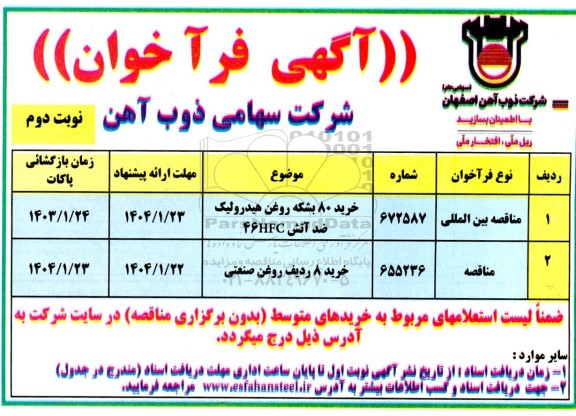 مناقصه خرید 80 بشکه روغن هیدرولیک ضدآتش 46HFC و... - نوبت دوم