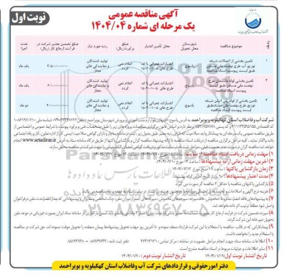 مناقصه تامین بخشی از اتصالات شبکه توزیع آب طرح نهضت ملی مسکن ....