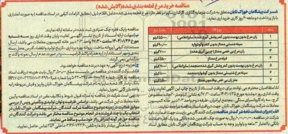 مناقصه خرید مرغ قطعه بندی شده (آلایش شده) 
