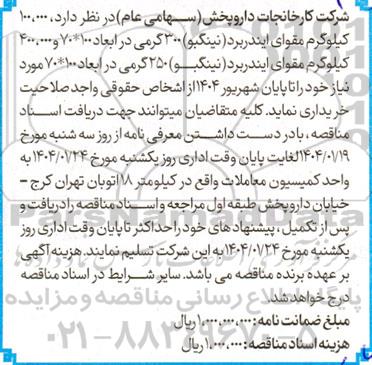 مناقصه 100.000 کیلوگرم مقوای ایندربرد نینگبو 300 گرمی...