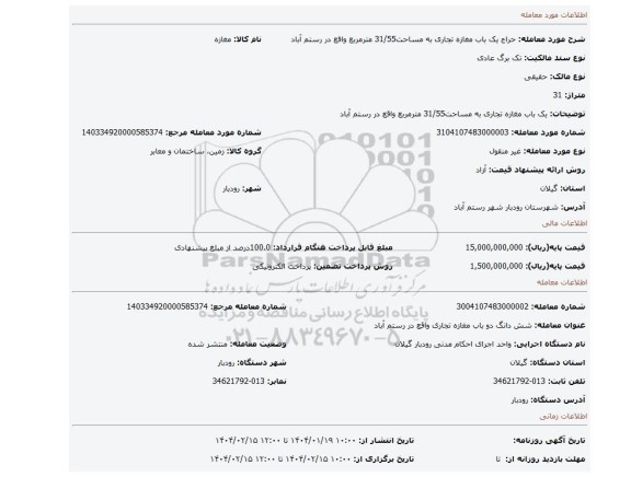 مزایده، یک باب مغازه تجاری  به مساحت31/55 مترمربع واقع در رستم آباد