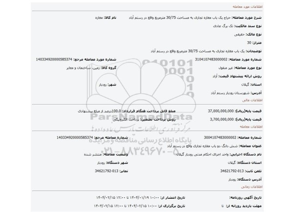 مزایده، یک باب مغازه تجاری  به مساحت 30/75 مترمربع واقع در رستم آباد