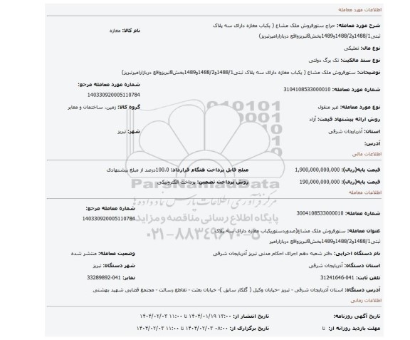 مزایده، ستورفروش ملک مشاع ( یکباب مغازه دارای سه پلاک ثبتی1488/1و1488/2و1489بخش8تبریزواقع دربازارامیرتبریز)