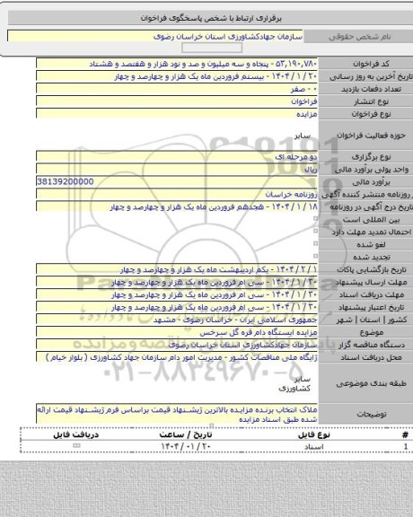 مزایده, مزایده ایستگاه دام قره گل سرخس