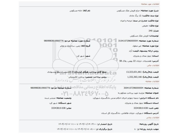 مزایده، فروش ملک مسکونی