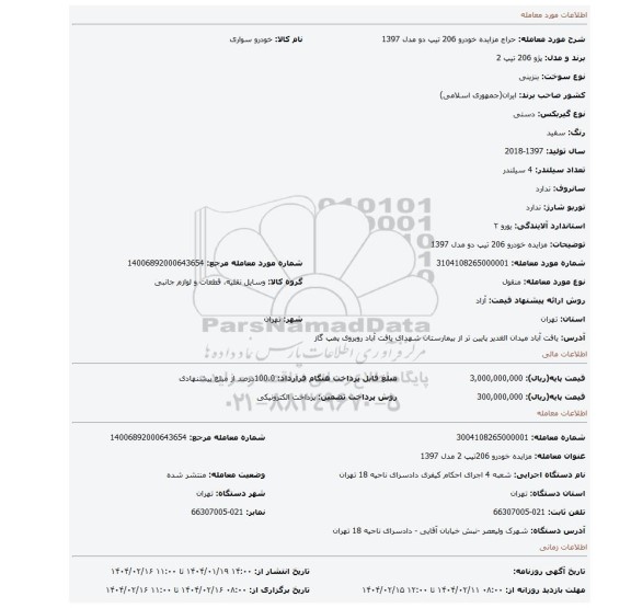 مزایده، مزایده خودرو 206 تیپ دو مدل 1397