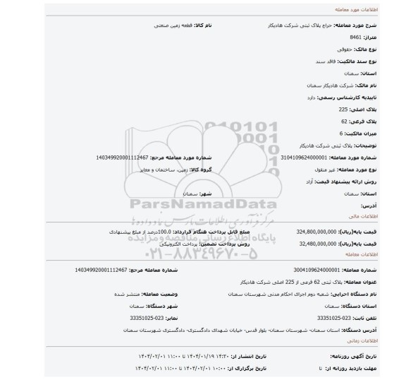 مزایده، پلاک ثبتی شرکت هادیکار