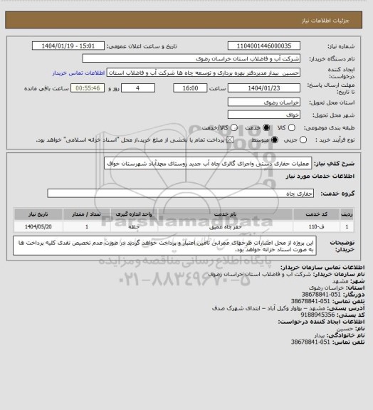 استعلام عملیات حفاری دستی واجرای گالری چاه آب جدید روستای محمدآباد شهرستان خواف