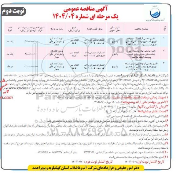 مناقصه تامین بخشی از اتصالات شبکه توزیع آب طرح نهضت ملی مسکن ....- نوبت دوم