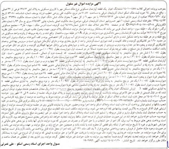 مزایده یک قطعه آپارتمان مسکونی به مساحت 70.87 مترمربع