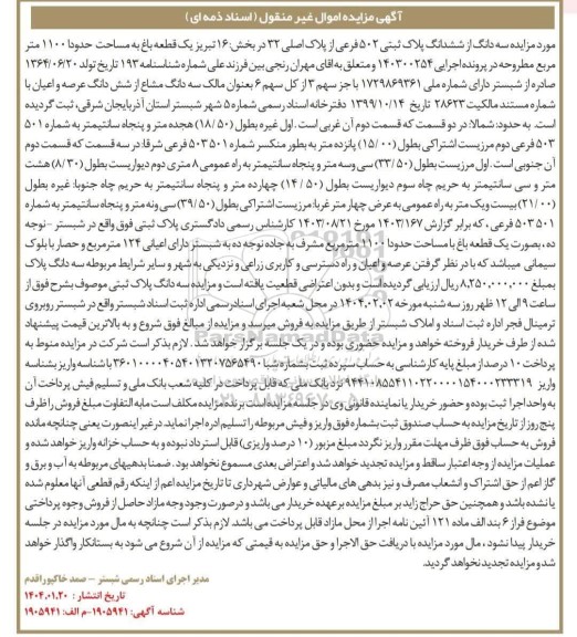 مزایده سه دانگ از ششدانگ پلاک ثبتی 502 فرعی از پلاک اصلی 32