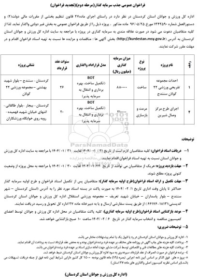 تجدید مزایده و مناقصه جذب سرمایه گذار اجرای طرح و احداث مجموعه - مرحله دوم 