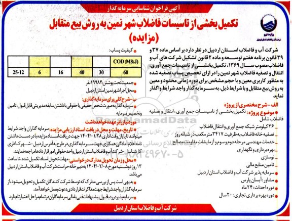 مناقصه و مزایده تکمیل بخشی از تاسیسات جمع آوری انتقال و تصفیه فاضلاب.... 