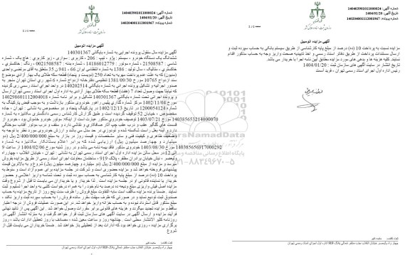 مزایده فروش یکدستگاه پژو تیپ 206 هاچ بک مدل 1386 