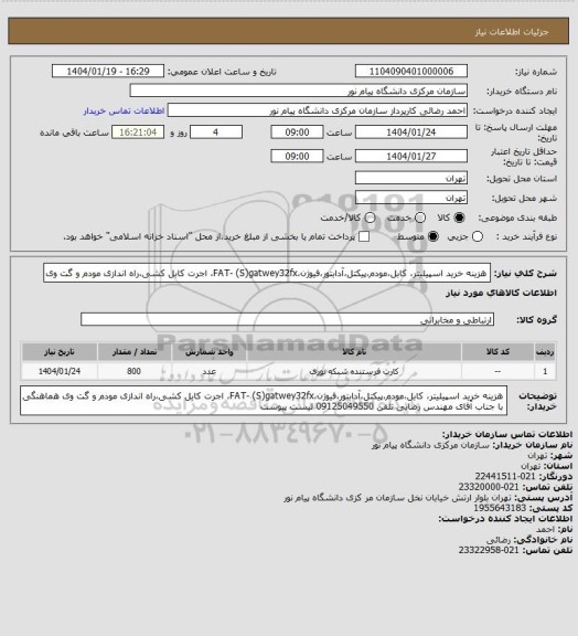 استعلام هزینه خرید  اسپیلیتر، کابل،مودم،پیکتل،آدابتور،فیوژن،FAT- (S)gatwey32fx، اجرت کابل کشی،راه اندازی مودم  و گت وی