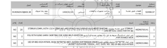 استعلام قطعات طبق نقشه پیوست