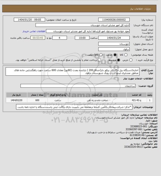 استعلام اجاره1دستگاه بیل مکانیکی پیکور دار(حداقل200 ) باراننده بمدت (60روز) معادل 600 ساعت جهت راهگشایی جاده های مناطق عشایری ایدون و باغ روبک  شهرستان دزفول