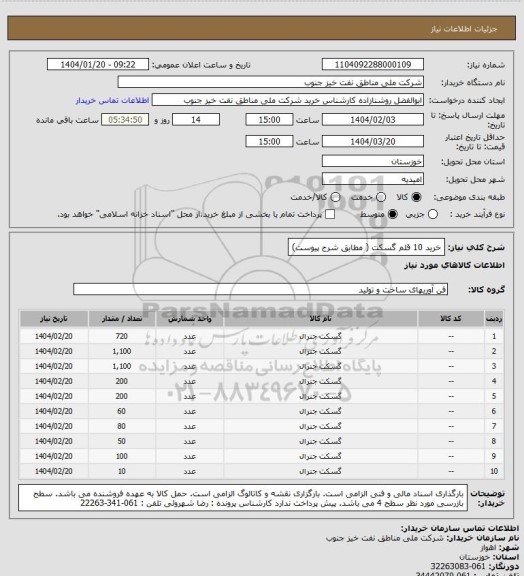 استعلام خرید 10 قلم گسکت ( مطابق شرح پیوست)