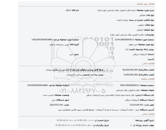 مزایده، حکم به فروش ملک مشاعی (نوبت اول)
