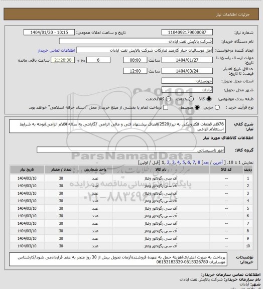 استعلام 76قلم قطعات الکترونیکی به تیراژ2520/الصاق پیشنهاد فنی و مالی الزامی /گارانتی یه ساله اقلام الزامی/توجه به شرایط استعلام الزامی