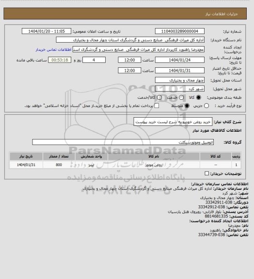 استعلام خرید روغن خودرو به شرح لیست خرید پیوست