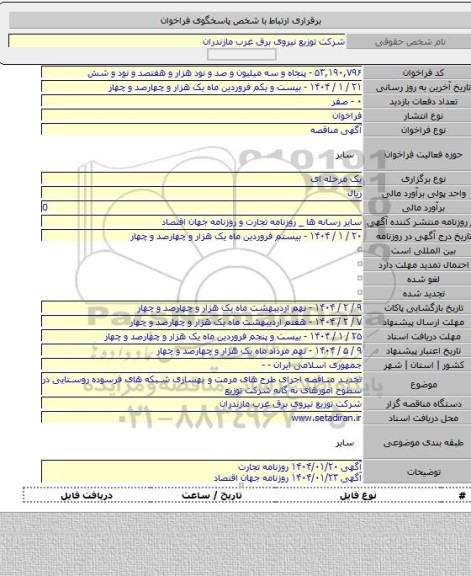 مناقصه, تجدید مناقصه اجرای طرح های مرمت و بهسازی شبکه های فرسوده روستایی در سطوح امورهای نه گانه شرکت توزیع