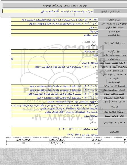 مناقصه, ش/۱۴۰۴/۰۱ - مناقصه انجام خدمات پشتیبانی و نگهداری نرم افزارها و سخت افزارهای شرکت برق منطقه ای خراسان بصورت حجمی