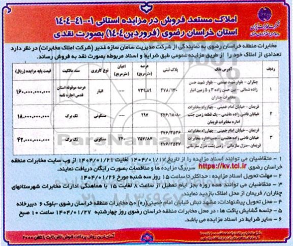 مزایده فروش تعدادی از املاک