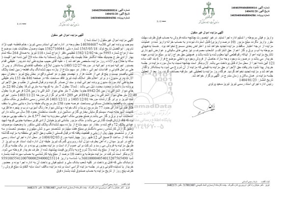 مزایده یک قطعه زمین تحت پلاک ثبتی یکصد و بیست و پنج فرعی از هشت هزار و نهصد و چهل و دو اصلی