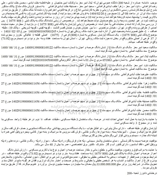 مزایده ششدانگ ملک به پلاک ثبتی  ( 808 /1675 ) 