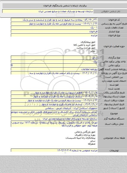 مزایده, انجام سرمایه گذاری برای اکتشاف و اخذ مجوزهای قانونی لازم در محدوده چوپانلو سلماس آذربایجان غربی