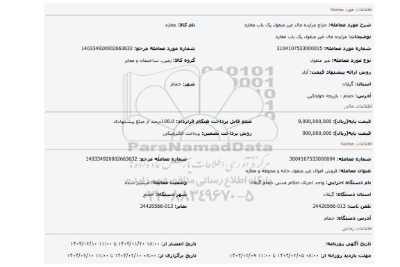 مزایده، مزایده مال غیر منقول یک باب مغازه