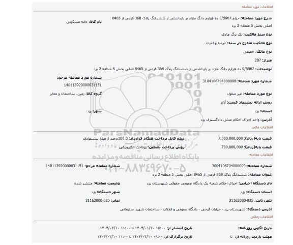 مزایده، 0/5987 ده هزارم دانگ مازاد بر بازداشتی از ششدانگ پلاک 368 فرعی از 8465 اصلی بخش 5 منطقه 2 یزد