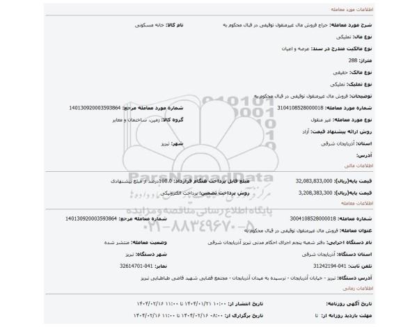 مزایده، فروش مال غیرمنقول توقیفی در قبال محکوم به