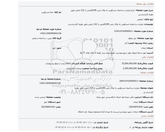 مزایده، مزایده ساختمان مسکونی به پلاک ثبتی 3199فرعی از 122 اصلی طبق نظریه کارشناسی