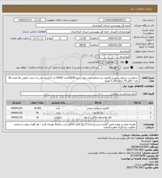 استعلام درخواست شامل -چست الکترود برند اینتکو اصلی نوزاد تاریخ 2028تعداد 16000-ژل 5 لیتری پلی ژل درصد خلوص بالا تعداد 36 عدد -الکل 70 درصد فام 1 لیتری