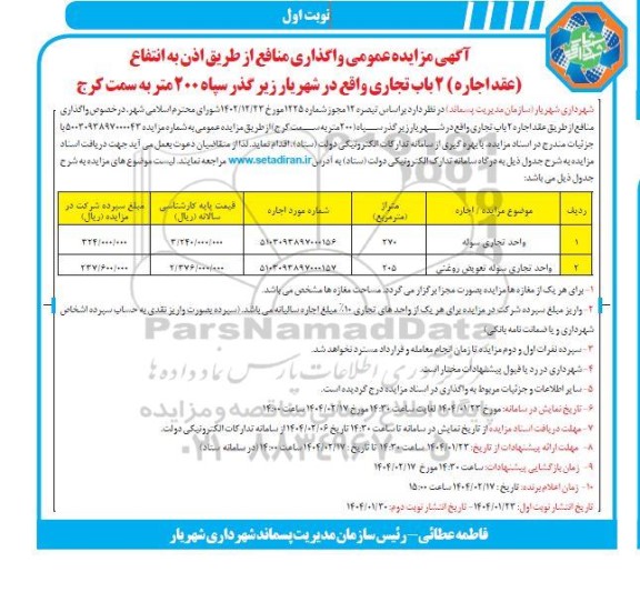 مزایده عمومی واگذاری منافع از طریق اذن به انتفاع (عقد اجاره) 2 باب تجاری