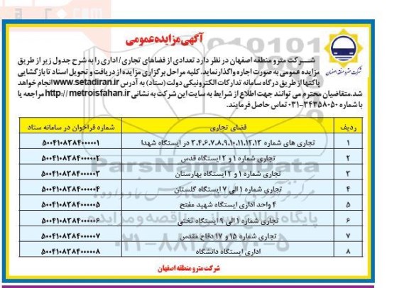 مزایده واگذاری تعدادی از فضاهای تجاری/اداری