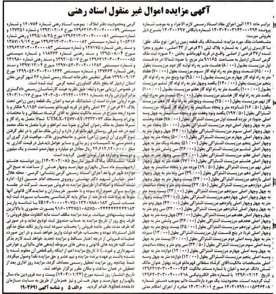 مزایده ششدانگ یک قطعه زمین زراعی با کاربری زراعی به پلاک ثبتی 41 فرعی از 43 اصلی