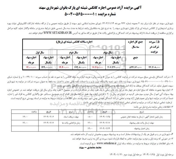 آگهی مزایده آزاد عمومی اجاره کانکس شیشه ای پارک بانوان