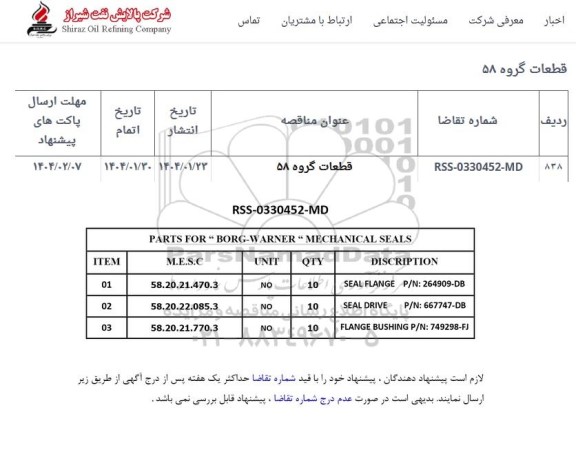 استعلام قطعات گروه 58 