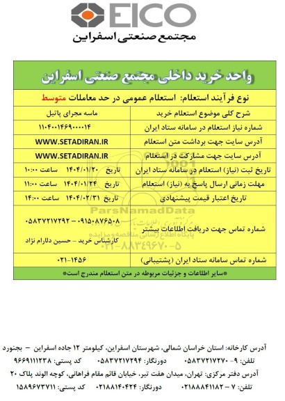 استعلام خرید ماسه مجرای پاتیل