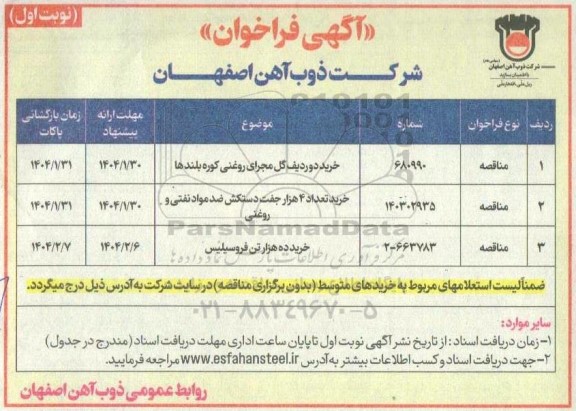 مناقصه خرید دو ردیف گل مجرای روغنی کوره بلندها....